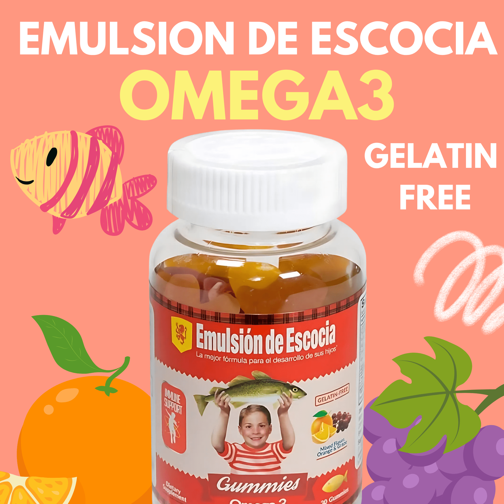 Emulsion de Escocia Kids Omega 3 Gummies, 30 Ct – Fruit Flavor (3-Pack)