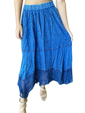 Mogul Women Maxi Skirts, Blue Stonewashed Summer Skirt, Embroidered Bohemian Skirt, A-line Peasant Skirts S/M