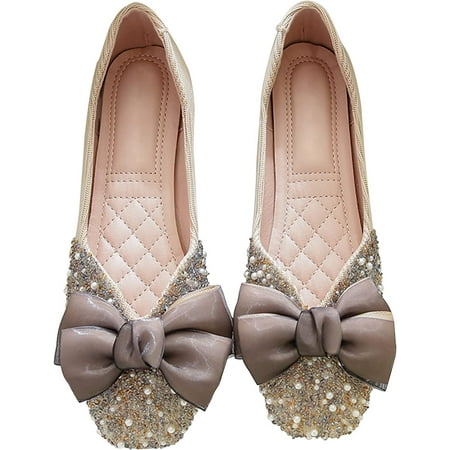 

Pfhytec LU Square Toe Flats Shoes Bowknots Ballet Flats for Women Studded Dress Shoes Comfort Light Weight Loafers