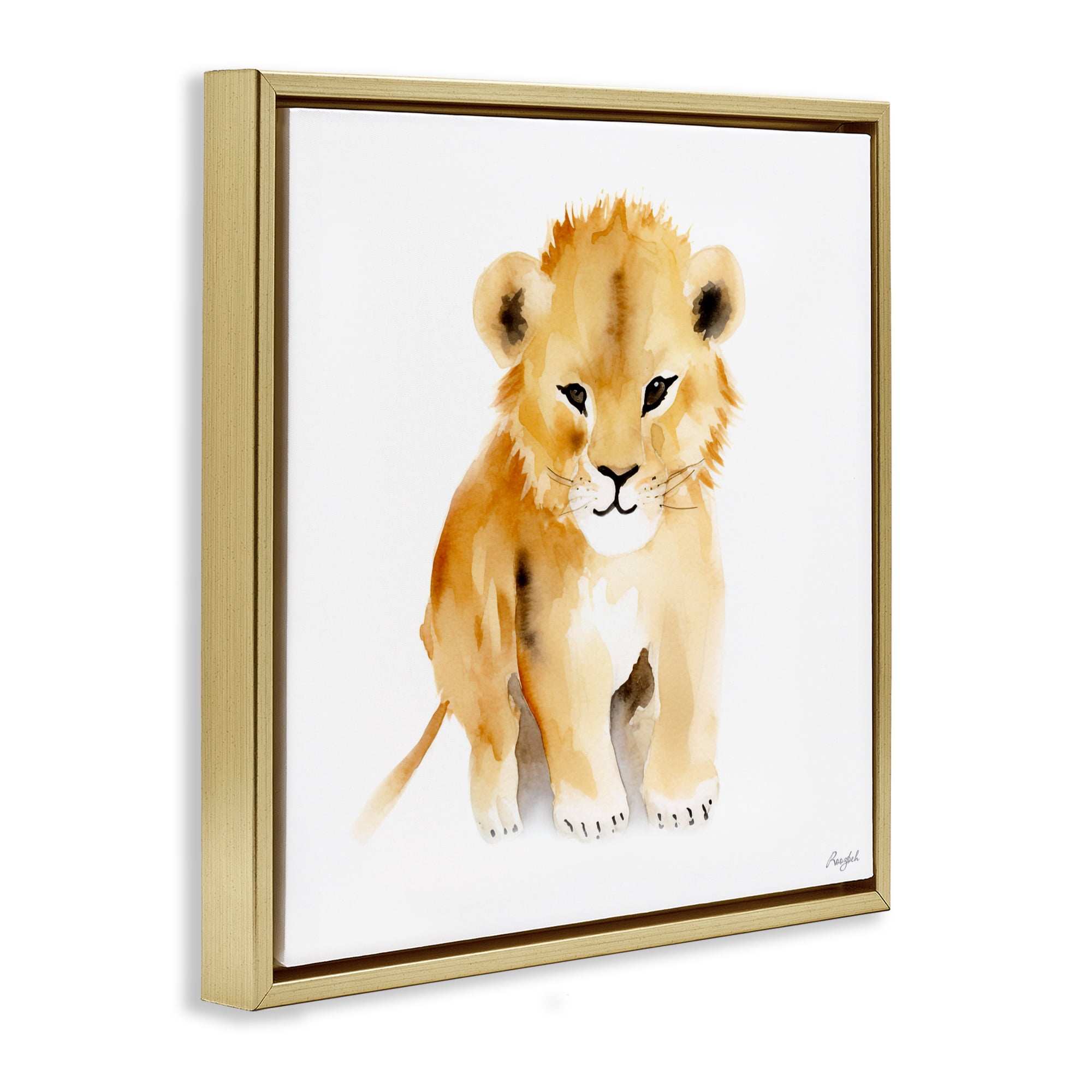 Stupell Industries Minimal Lion Cub Gold Framed Floater Canvas Wall Art, design by Roozbeh