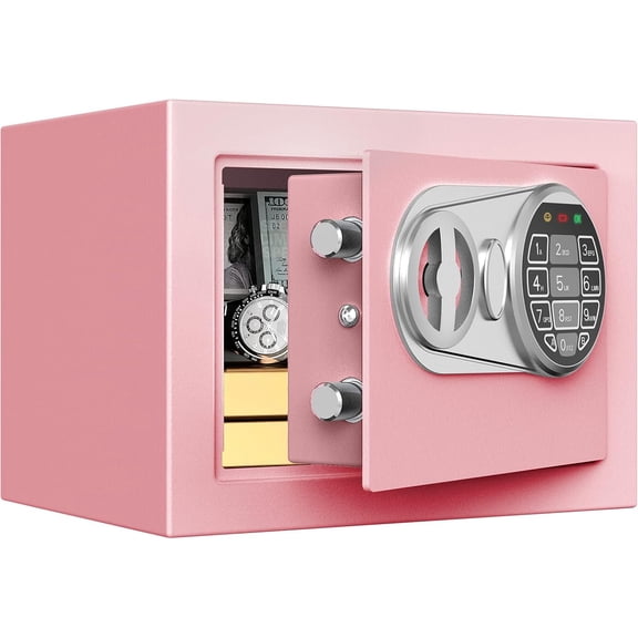 Small Kids Safe for Money, Digital Mini Safes with Keys&Code for Cash, Safe Box for Personal Items for Home, 6.69"D x 9.05"W x 6.69"H, Pink