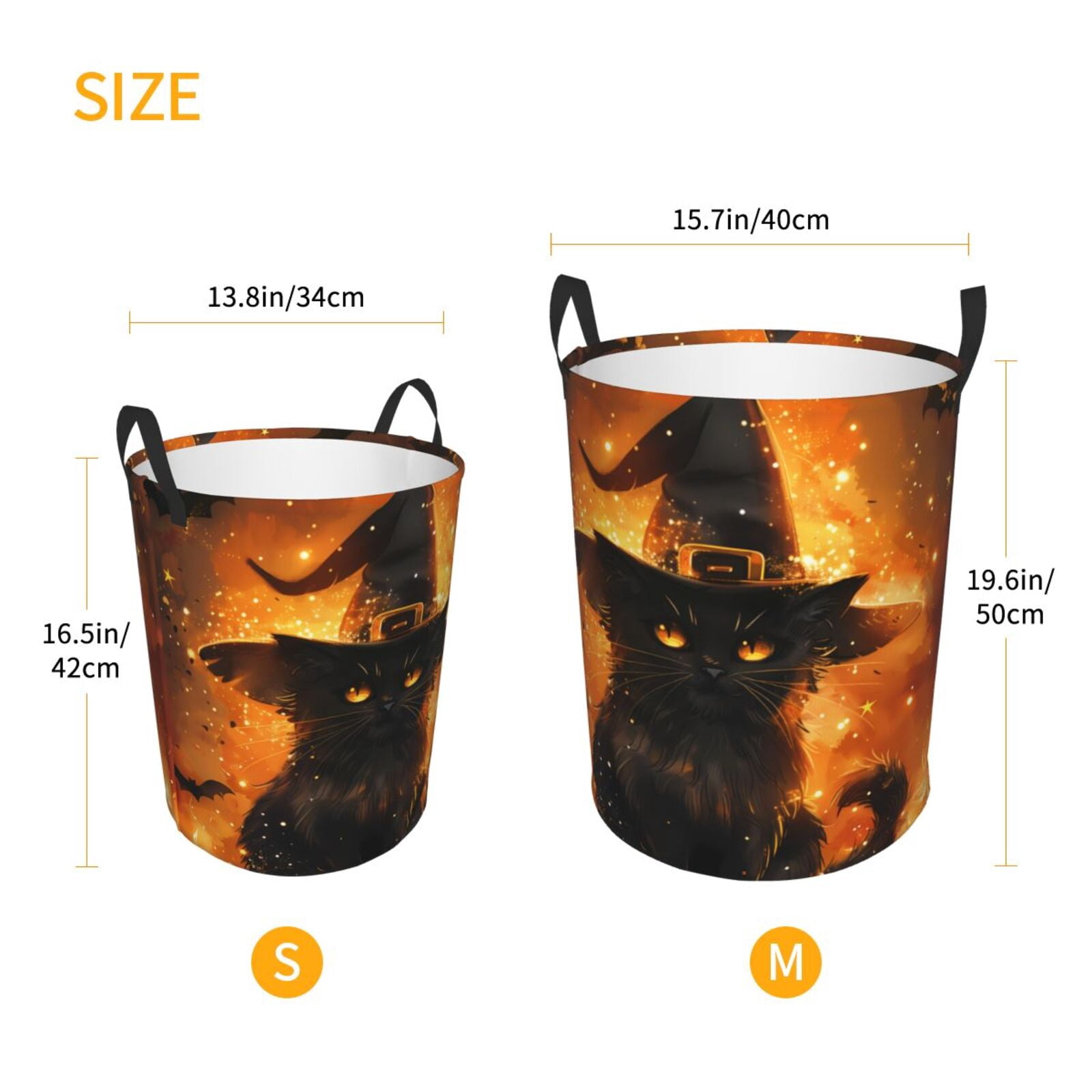 Large Laundry Basket with Handles - Halloween Witch Hat Black Cat A Kids Baby Dirty Clothes Laundry Hamper for Bedroom Aesthetic
