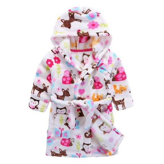 Baywell Kids Robe Boys Girls Cartoon Pattern Hooded Fleece Bathrobe Sleepwear Soft Dressing Gown for Kids with Belt & Pockets B-A 2-3 T