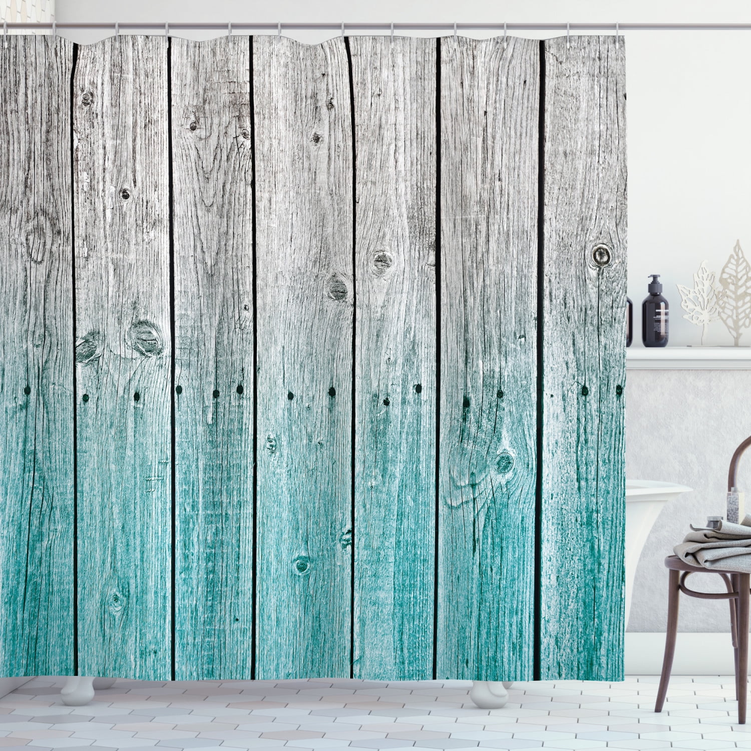Rustic Shower Curtain, Wood Panels Background with Digital Tones Effect
