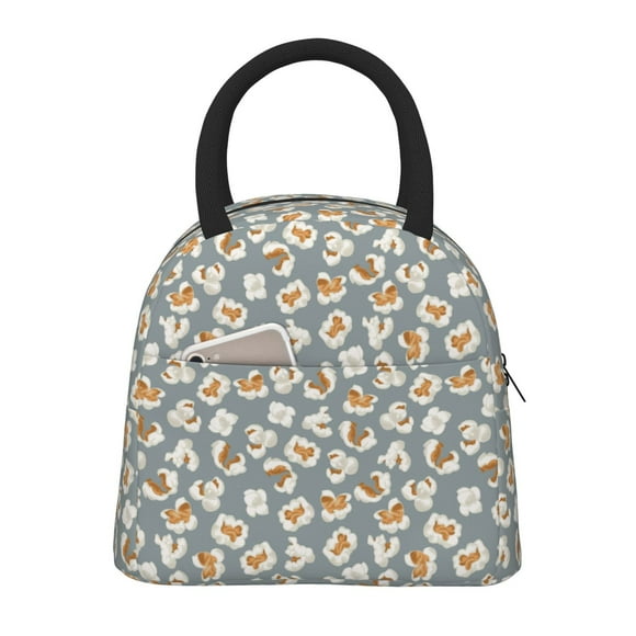 Lsque White Popcorn Print Lunch Bag, Insulated Lunch Box, Small Leakproof Cooler Food Lunch Containers Reusable High Capacity Lunch Tote Bags for Work, Travel, Outdoor