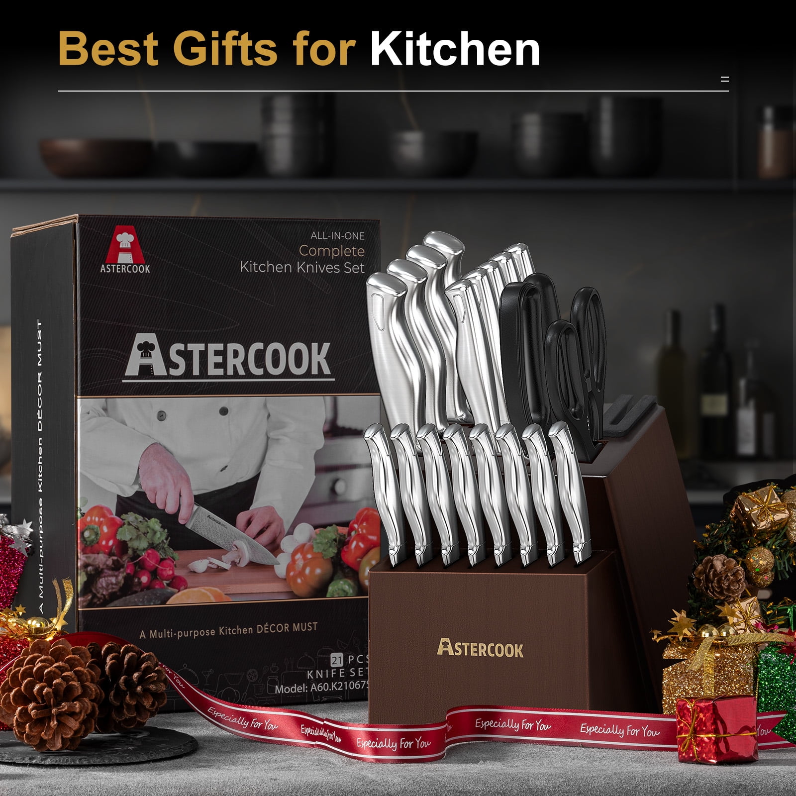 Astercook 20 Pcs Kitchen Knife Set with Block, Full Tang Knives Sets German Stainless Steel, Built-in Sharpener, Dishwasher Safe