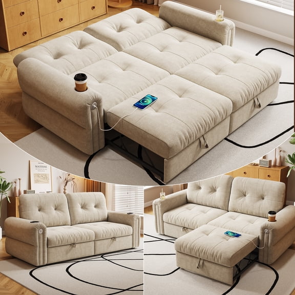 LLappuil 77" Pull Out Sofa Bed Queen Size, Loveseat Sofa Convertible Sofa Bed with USB Port Cupholders, Chenille Sofa Couch for Living Room Beige