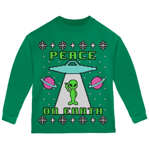 Alien Peace on Earth Ugly Christmas Sweater Toddler Long Sleeve T Shirt Green 3T