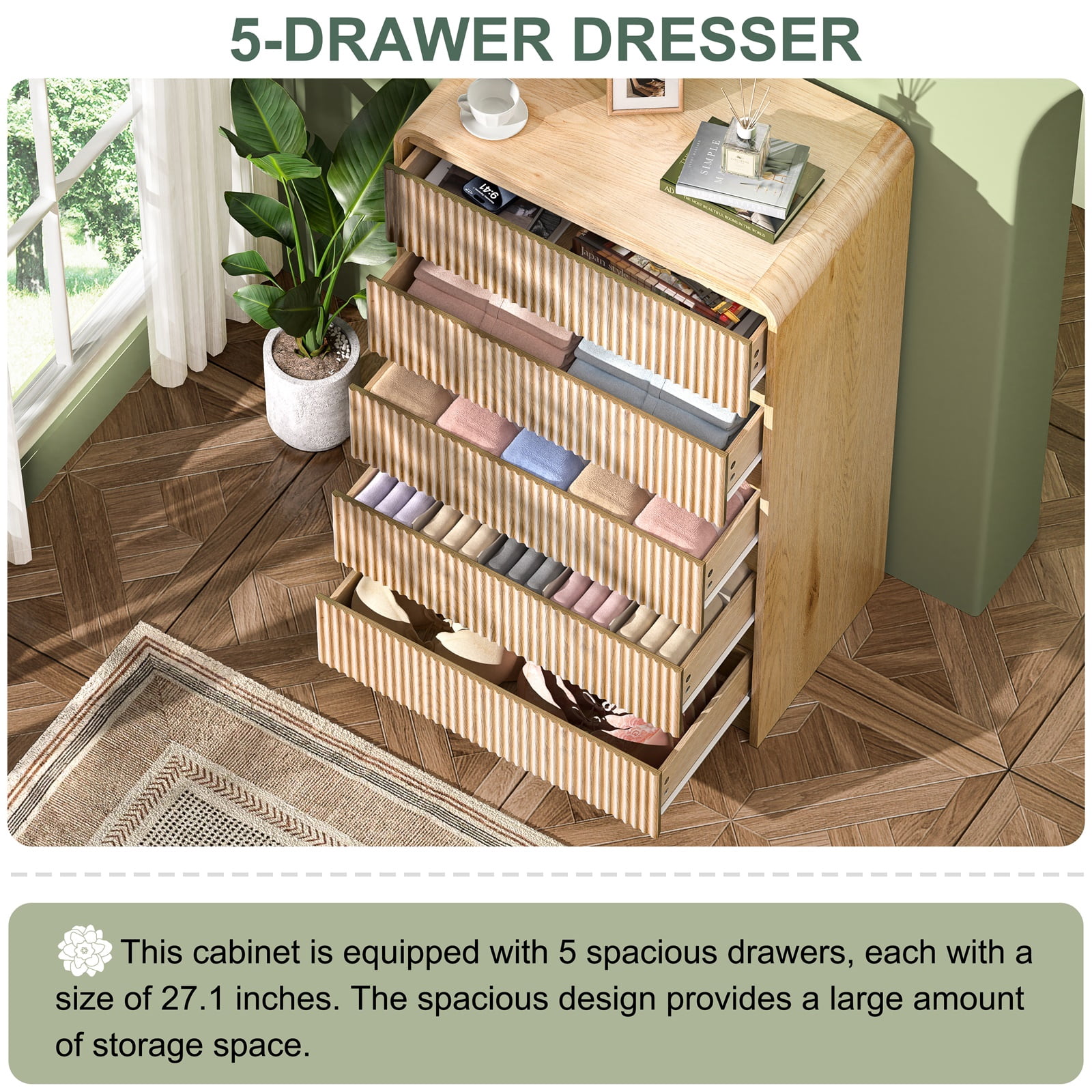 Hommoo Modern Mid-Century Wood Dresser with 5 Smooth-Gliding Drawers, Tall 45" Fluted Storage Cabinet for Bedroom, Living Room & Entryway, Natural