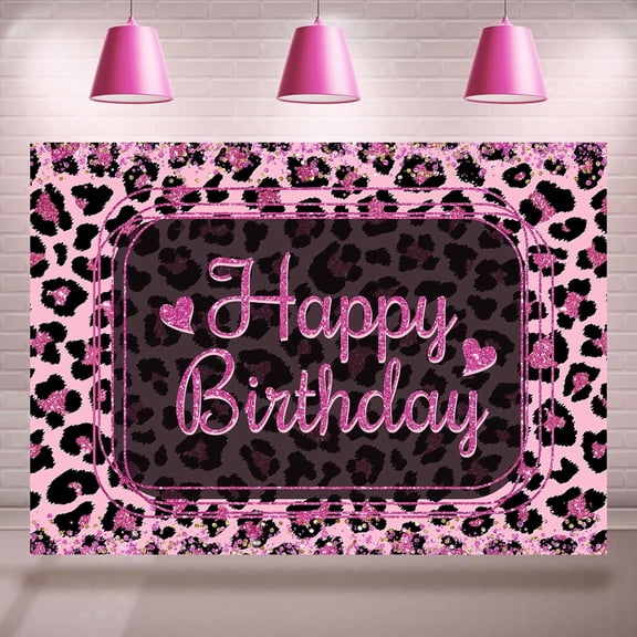 7x5FT Happy Birthday Backdrop Leopard Pink Glitter Photography Background for Girls Women Leopard 20th 30th 40th 50th 60th 70th 80th Birthday Party Decorations Banner Photo Booth Props