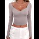 thumbnail image 1 of Camisetas de Larga con Cuello en V para Mujer, Top Corto con Doble Forro y Copas con Costura para Salir. Color Café S, 1 of 10