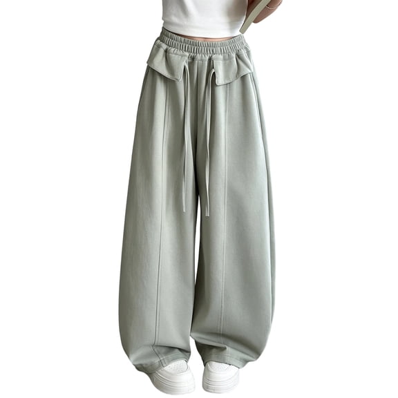 SJLDQY Girl's Wide Leg Pants Straight Fit Baggy Pants for Girls Casual Elastic Drawstring Waist Trousers with Pockets