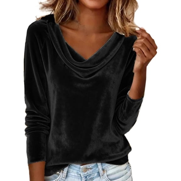 IMENGL Long Sleeve Shirts for Women Soft Velvet Cowl Neck Pleated Elegant Fall Ruched Blouse T-Shirt Casual Women's Basic Tee Long Sleeve Tops,Black