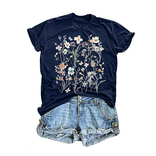 MKLEKYY Playeras Mujer Camiseta Corta Con Estampado Floral Para Mujer, Cuello Redondo, Manga Corta, Top 307 Talla M