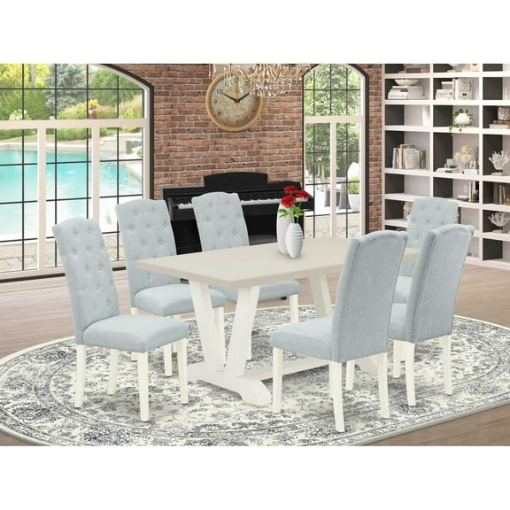 East West Furniture V-Style 7-piece Wood Dining Set in Linen White/Baby Blue