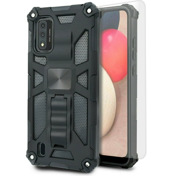 for BLU Wiko Ride 3 3rd Version with Tempered Glass Phone Case Magnet Mount Ready Slip Guard Grids Pattern Kickstand Hybrid Slim Shock Bumper Cover