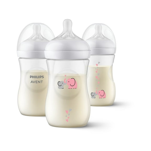 Philips Avent Natural Baby Bottle with Natural Response Nipple, with Pink Elephant Design, 9oz, 3pk, SCY903/62