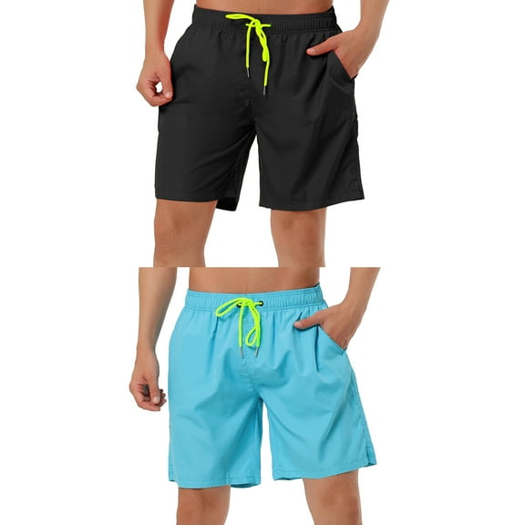 NOMADIC NOOK Men's Solid Color Drawstring Swimming Pool Beach Board Shorts 2 Pack
