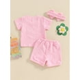 thumbnail image 5 of Musuos Toddler Girls Casual Shorts Set, 6 12 18 24M 3Y Solid Color Short Sleeve T-shirt with Elastic Waist Shorts with Hairband 3 Piece Summer Set, 5 of 10