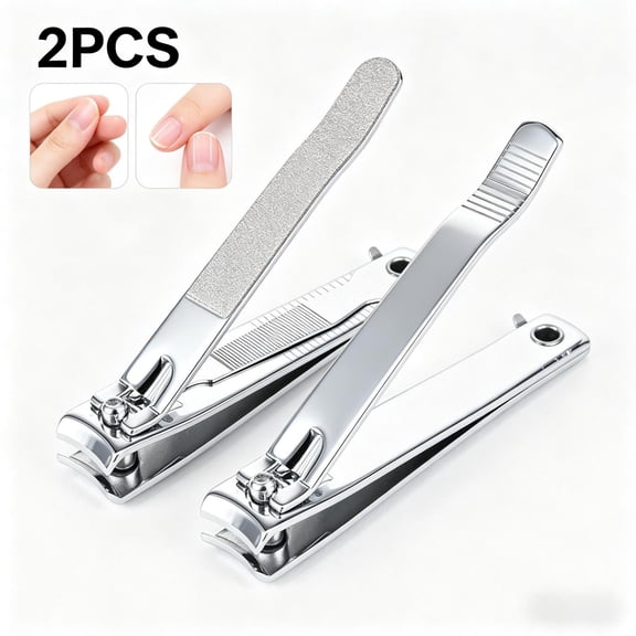 2-Pack Anti-Splash Stainless Steel Nail Clippers Set, with & without Built-in Nail File, Precision Large Opening Nail Cutters for Thick Hard Toenails