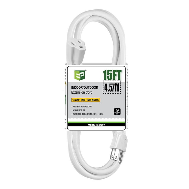 Cable de extensión para exteriores EP, 15 pies, 16/3, SJTW, blanco, certificado UL