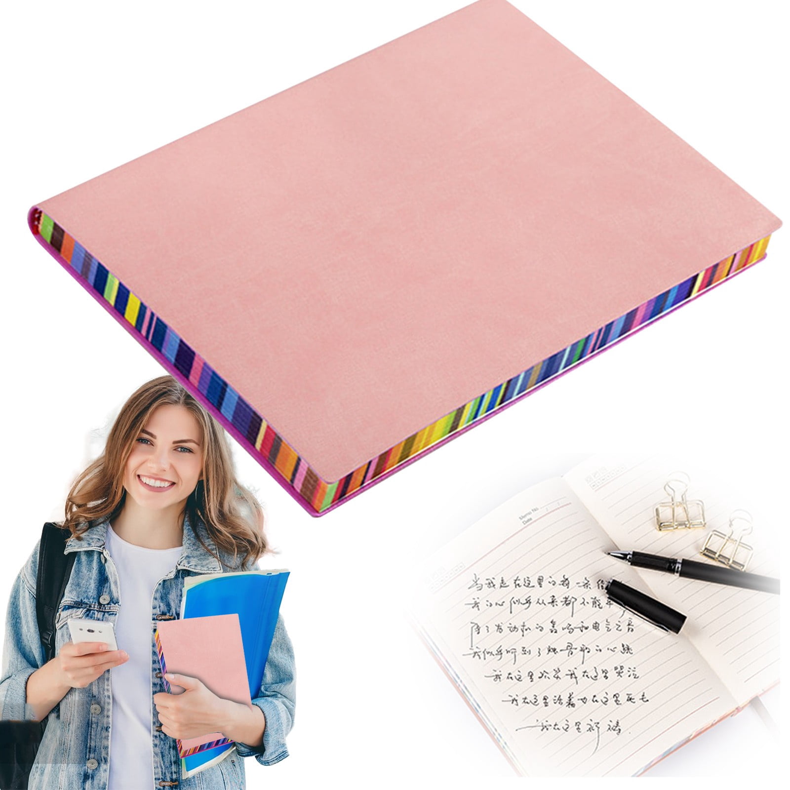 VKLU 4 Pack Bulk A5 Notebooks, Rainbow Gilded Edge Journal, Hardcover PU Leather Writing Notepad for Professional Meetings, Pink