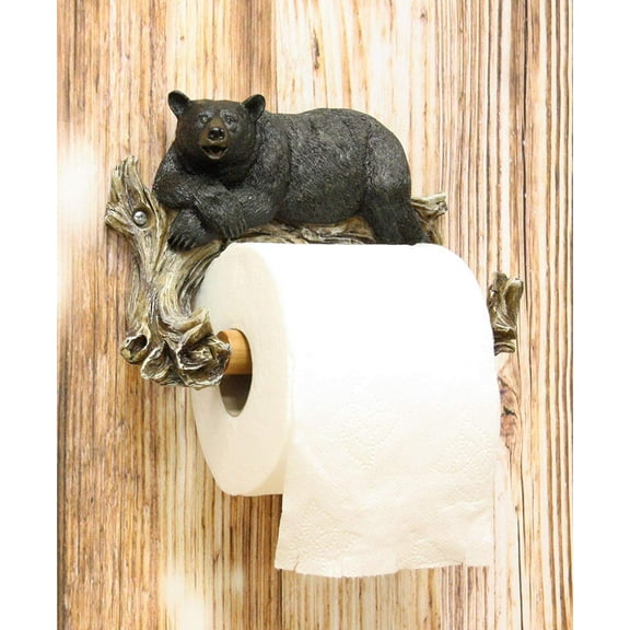 Rustic Lazy Black Bear Resting On Tree Branch Toilet Paper Holder Figurine 8"L