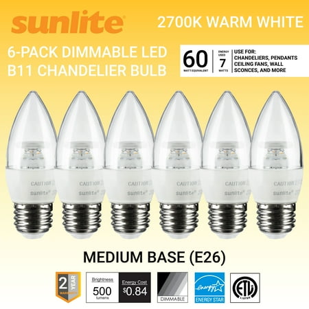 

Sunlite LED B11 Torpedo Tip Chandelier Light Bulb 7 Watts (60W Equivalent) Medium E26 Base Dimmable Energy Star 2700K Warm White Clear 6 Pack