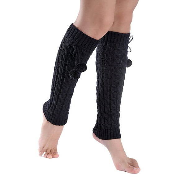 Milue Women Winter Twist Cable Knitted Leg Warmers Cute Plush Ball Bowknot Solid Color Boot Topper Cuffs Warm Knee High Socks