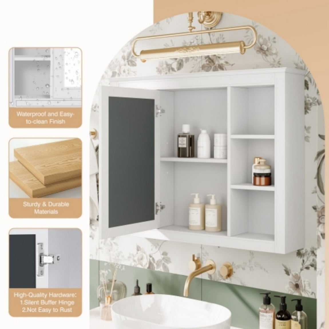 35"x 28" Wall Mounted Bathroom Medicine Cabinet with Mirror, Bathroom Storage Cabinet with 6 Open Shelves, Adjustable Shelves & Towel Bar, White