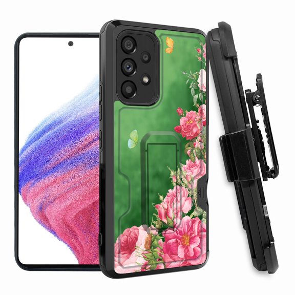 ANJ  Rugged Shockproof Hoster Case w/Card Slot, Kickstand   Tempered Glass Cover for Samsung Galaxy A33 5G - Butterfly Flower Garden