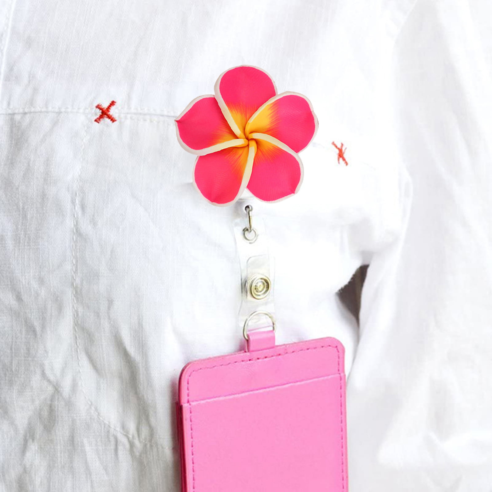 Visland 4pcs Flower Retractable Name Badge Reel Staff Work Card Holder Chest Pocket Clip ID Tag Card Accessories Clip, Pink