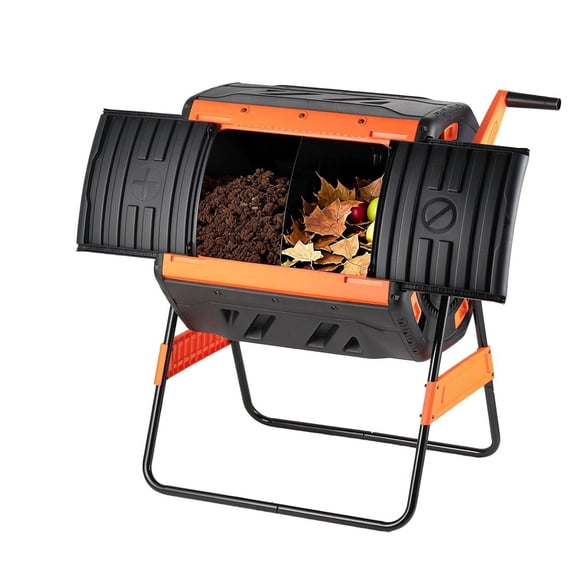 220L Dual Chamber Rotating Compost Tumbler, Outdoor Garden Composting Bin With 2 Large Access Doors For Yard Waste, Kitchen Scraps