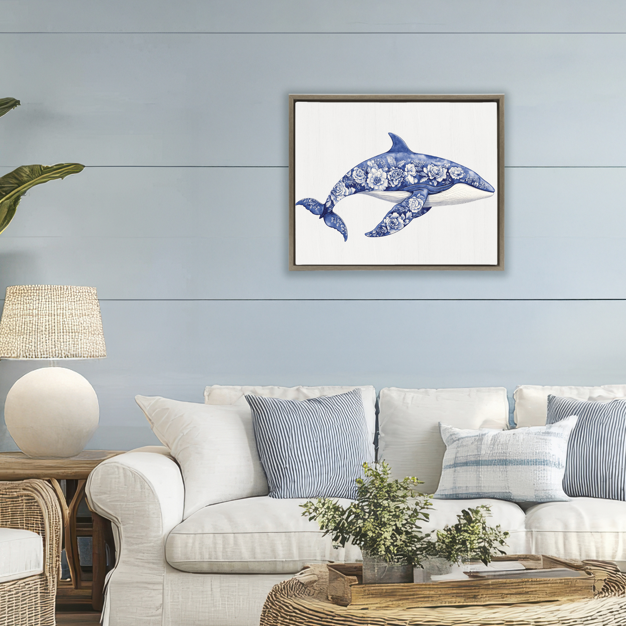 Floral Toile Whale Brown Framed Floater Canvas Wall Art, design by Lettered and Lined