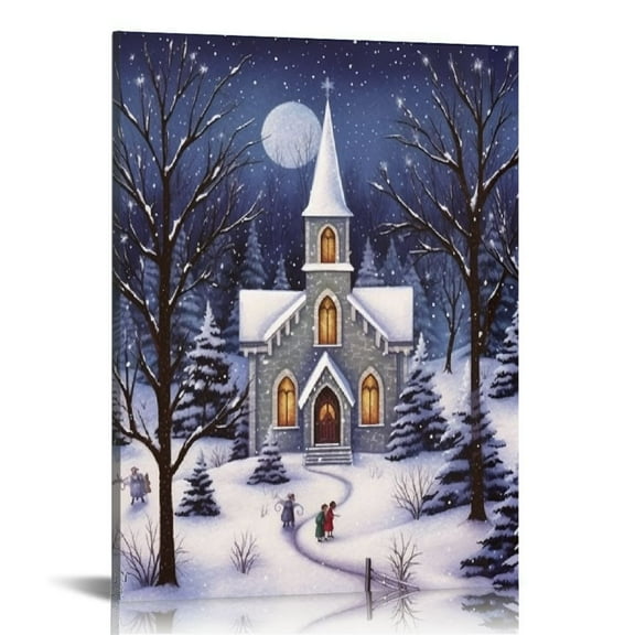 JRXY Christmas Church at Night Canvas Winter Scene 12x16 in