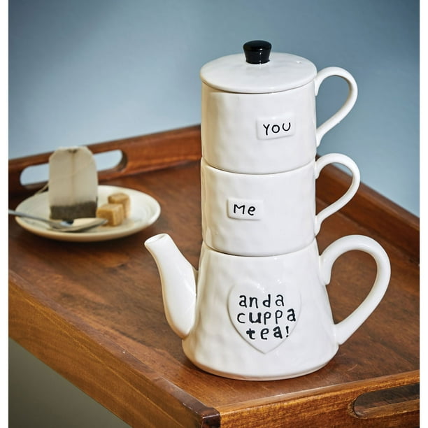 You, Me, and a Cuppa Tea Stackable Cup and Teapot Set White