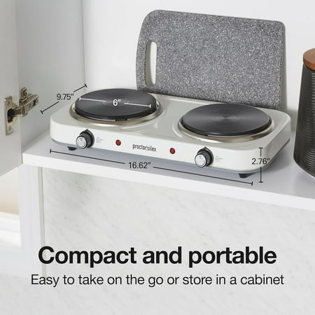 Portable Electric Stove, Cast Iron Double Burner Cooktop, Compact, Adjustable Temperature Hot Plate, 1700 , White (34117)