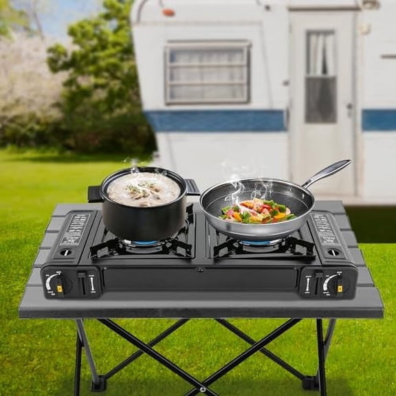 Double Burner Butane Stove, 2 Burners Portable Camping Stove, Easily cook delicious food Stove, Auto Ignition Camping Double Burner, Portable Camping Stove for Outdoor Cooking, RV,