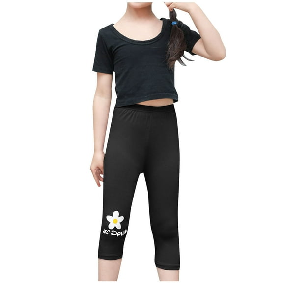 ZACPNCV Toddler Girls Capris Leggings Cotton Pants Solid Color Stretch High Waisted Soft and Breathable Leggings Summer Clothes Black 10-11 Years