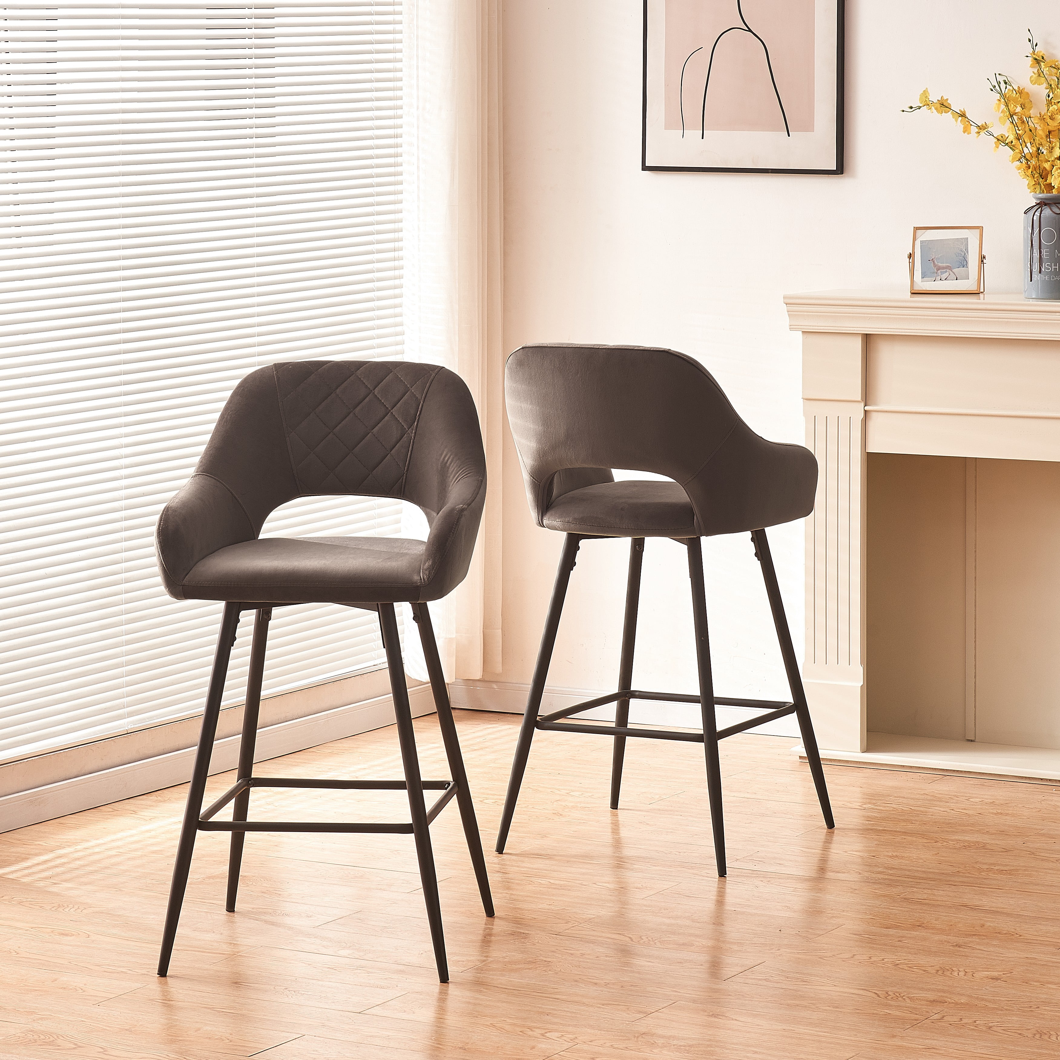 Joanwocth Bar Stools Set of 2 Velvet Gray Breakfast Dining Bar Stools Fixed Height Bar Chairs