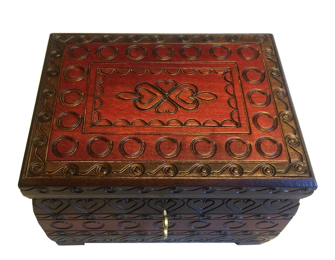 HEARTS Burned Chest Box w/ Lock & Key Handmade Linden Wood Jewelry Heart Keepsake Box from Poland