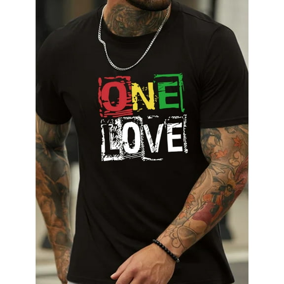 1 pc, 100% cotton T-shirt, ONE LOVE Letter Graphic Print Men's Creative Top, Casual Short Sleeve Crew Neck T-shirt, Men's Clothing For Summer Outdoor