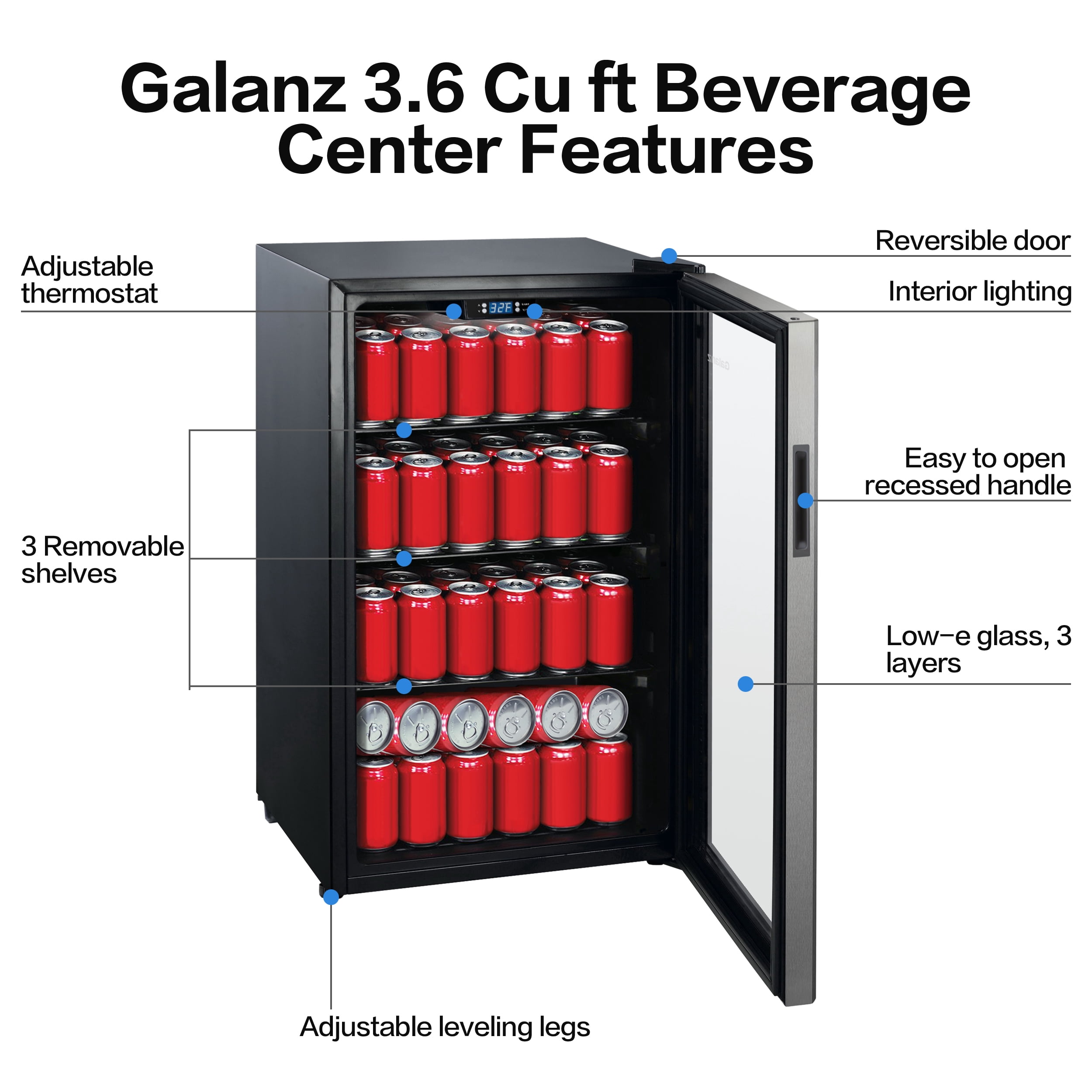 Galanz 116 Can Beverage Cooler, Glass Door Beverage Refrigerator, Drink Fridge for Soda, Beer & Wine, Freestanding for Home, Office, Bar
