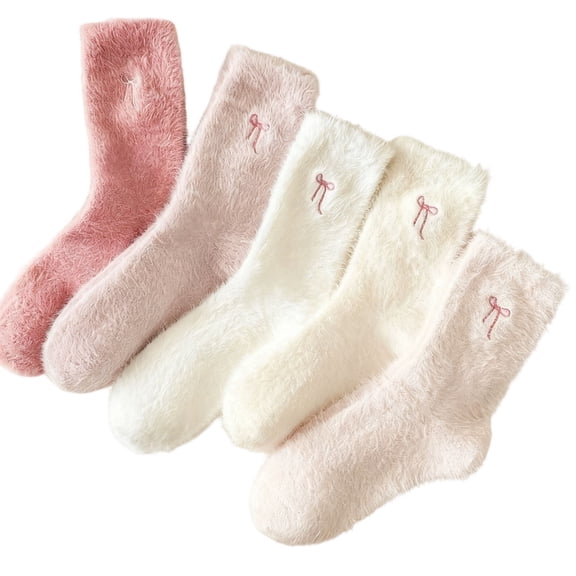 Tumao 5 Pairs Women's Bow Fuzzy Socks Plush Slipper Socks Women Soft Cozy Fluffy Winter Warm Slipper Socks Home Sleeping Socks