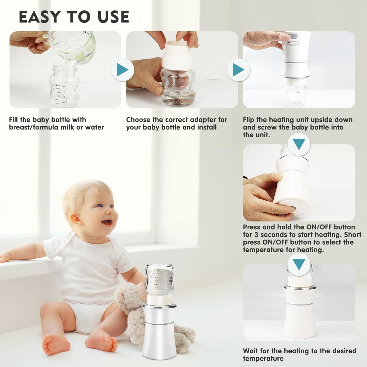 Swadeshgoods Portable Bottle Warmer, Fast Baby Bottle Warmer with 4 Adapters, Rechargeable On-The-Go Warmer with Precise Temperature Control for Breastmilk & Formula