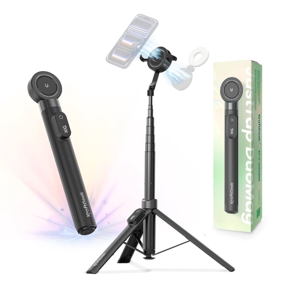 KraftGeek 67" Dual-Sided Magnetic Phone Tripod for iPhone MagSafe,Auto-Open Selfie Stick Tripod with Remote, Hidden Clamp, Portable Cell Phone Tripod