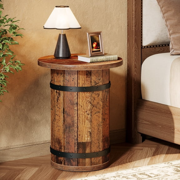 Finmind Round End Table, 19.7-Inch Side Table with Sturdy Base, Industrial Nightstand for Small Spaces, Living Room, Bed Room, Rustic Brown