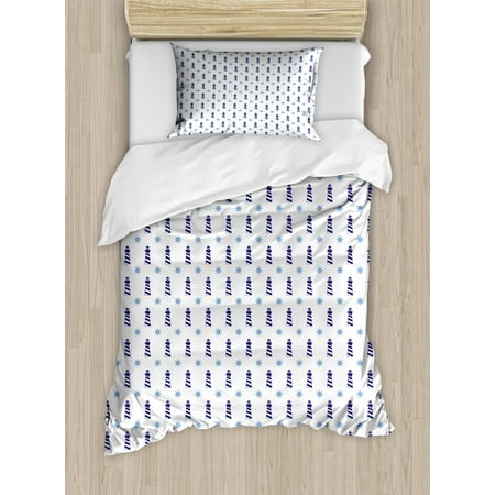 Navy Blue Duvet Cover Set Nautical Elements Steering Wheel