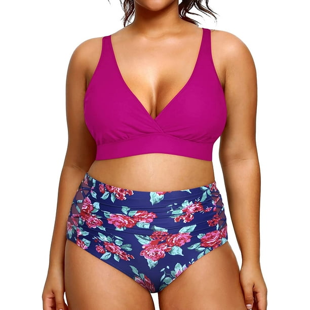 Yonique Womens Plus Size Bikini High Waisted Swimsuits Two Piece Bathing  Suits Tummy Control Swimwear, Purple 