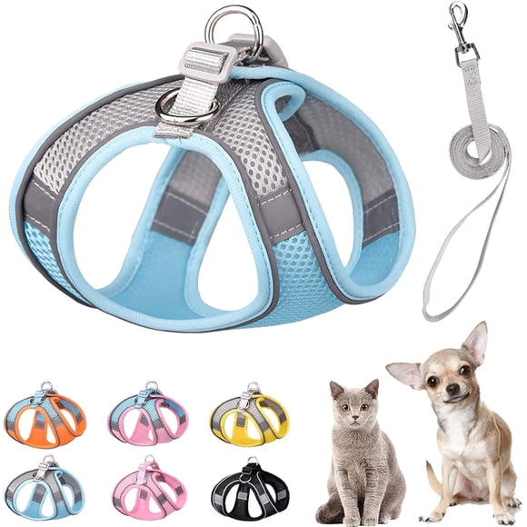 Enkarl Soft Small Dog Harness and Leash Set Step in Air Mesh Puppy Harness Leash Easy Walk Dog Harness Vest Adjustable Reflective No Pull Dog Harnesses for Small Dogs Cats (Blue Grey, L)